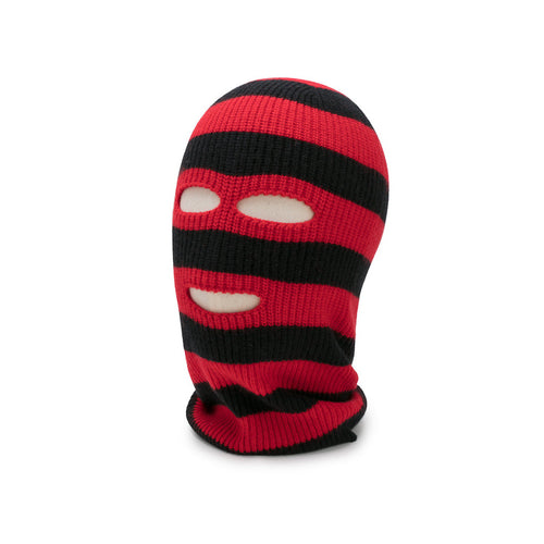 Red and black striped ski mask on a white background