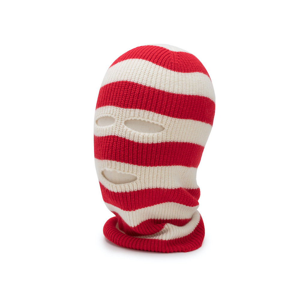 ENIGMA white and red striped balaclava on a white background