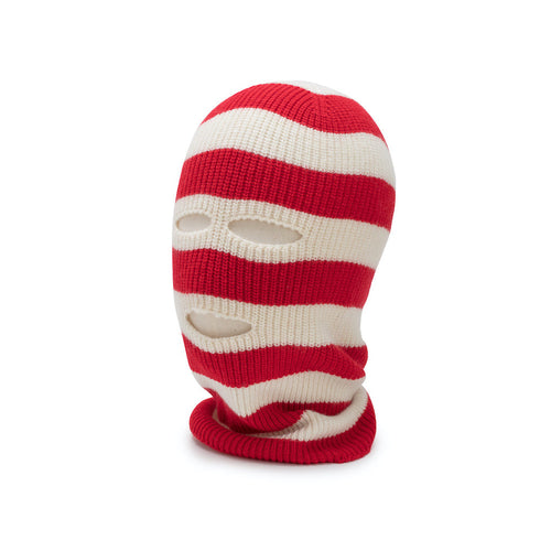 ENIGMA white and red striped balaclava on a white background