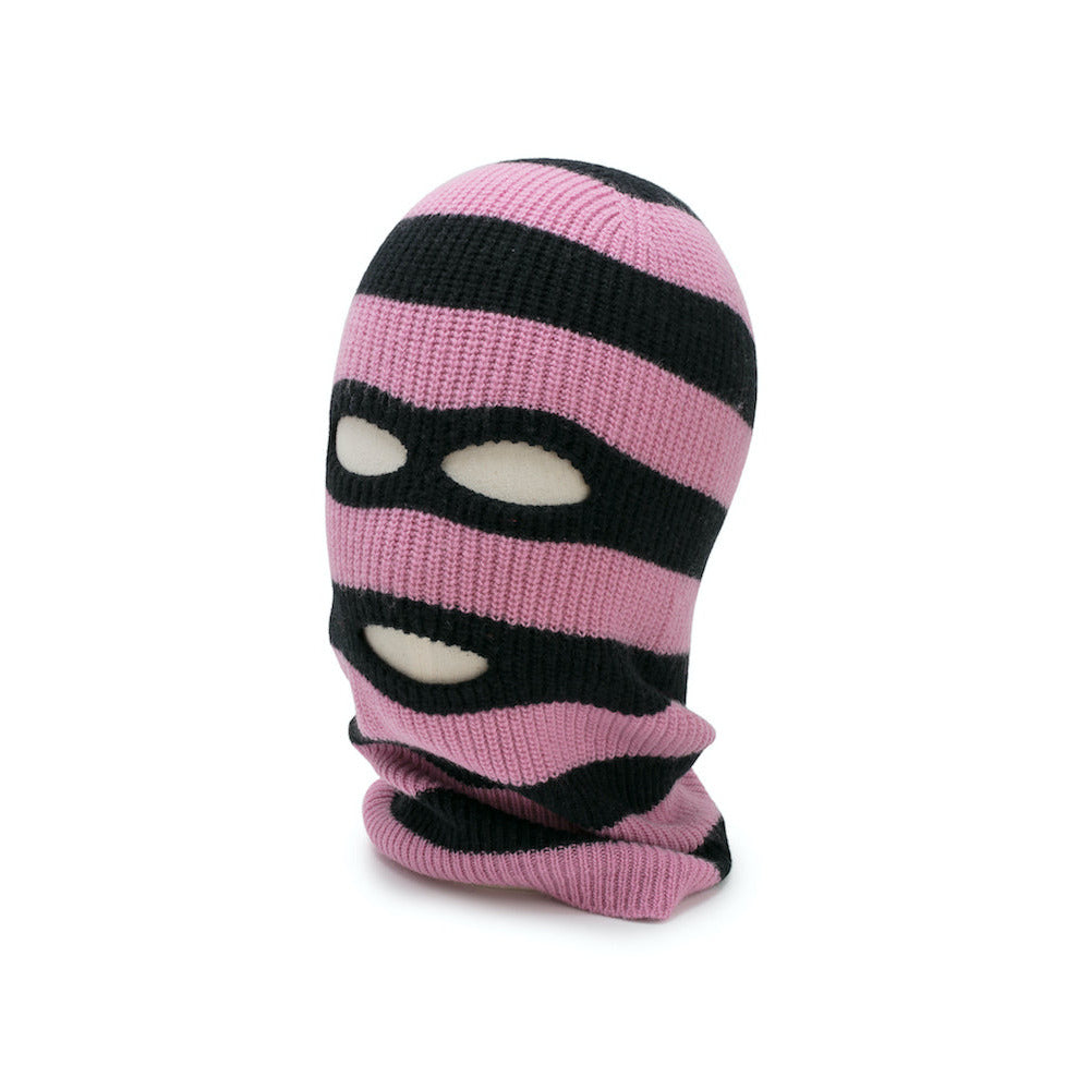 ENIGMA Black and pink striped balaclava on a white background
