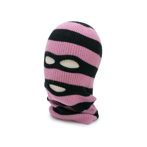 ENIGMA Black and pink striped balaclava on a white background