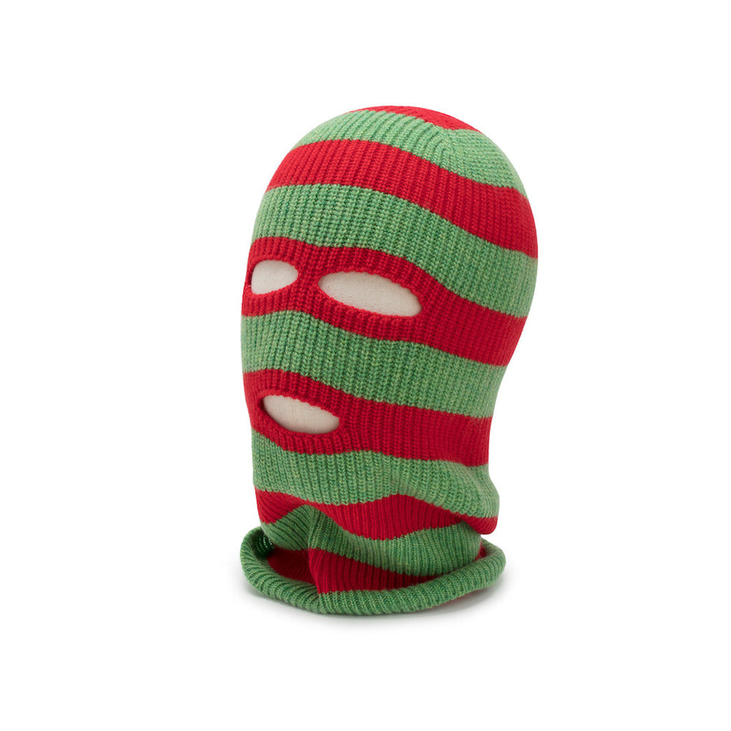 ENIGMA red and green striped balaclava on a white background