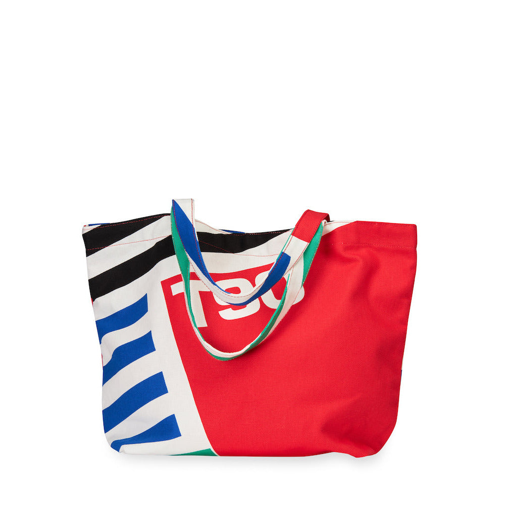 Colorful tote bag with a logo on a white background