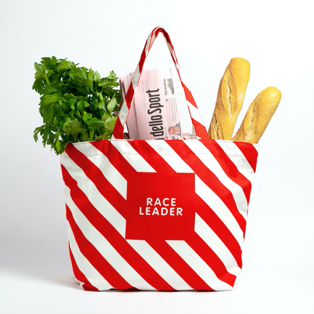 Red and white striped tote bag with groceries on a white background
