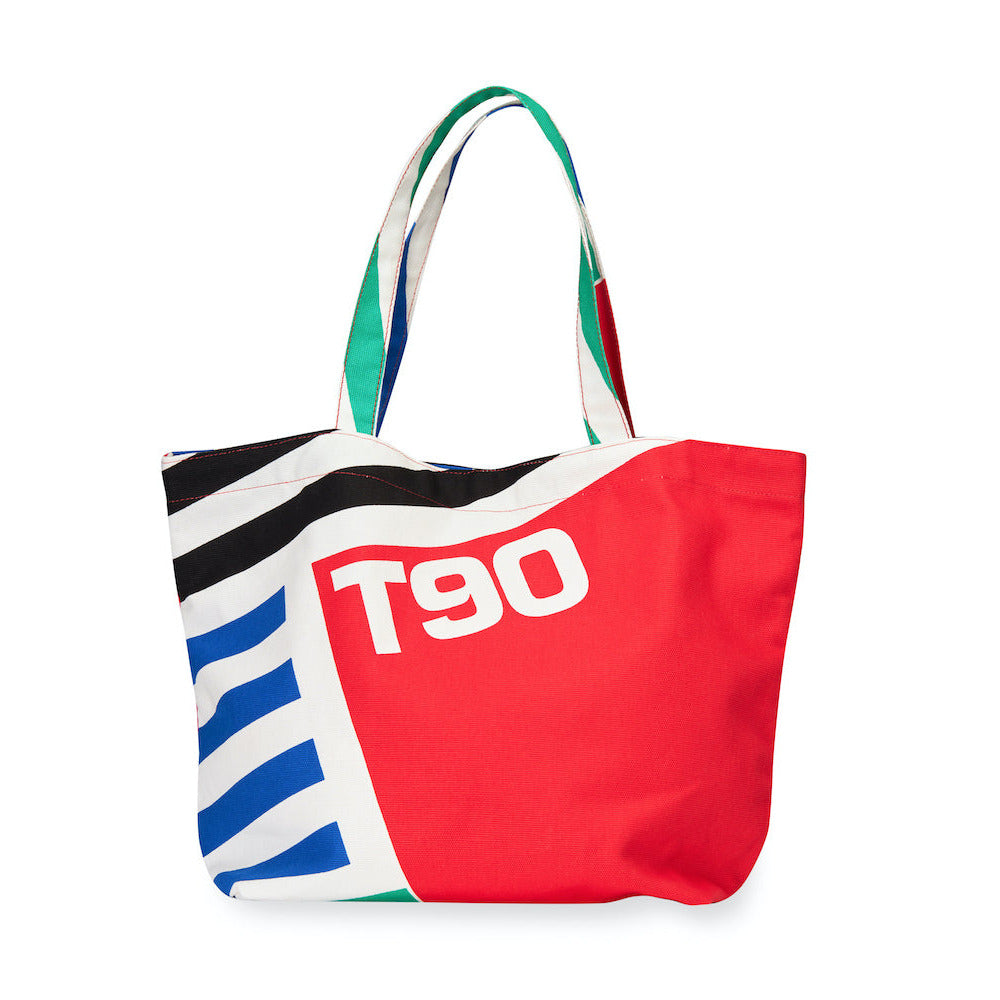 Colorful tote bag with 'T90' branding on a white background