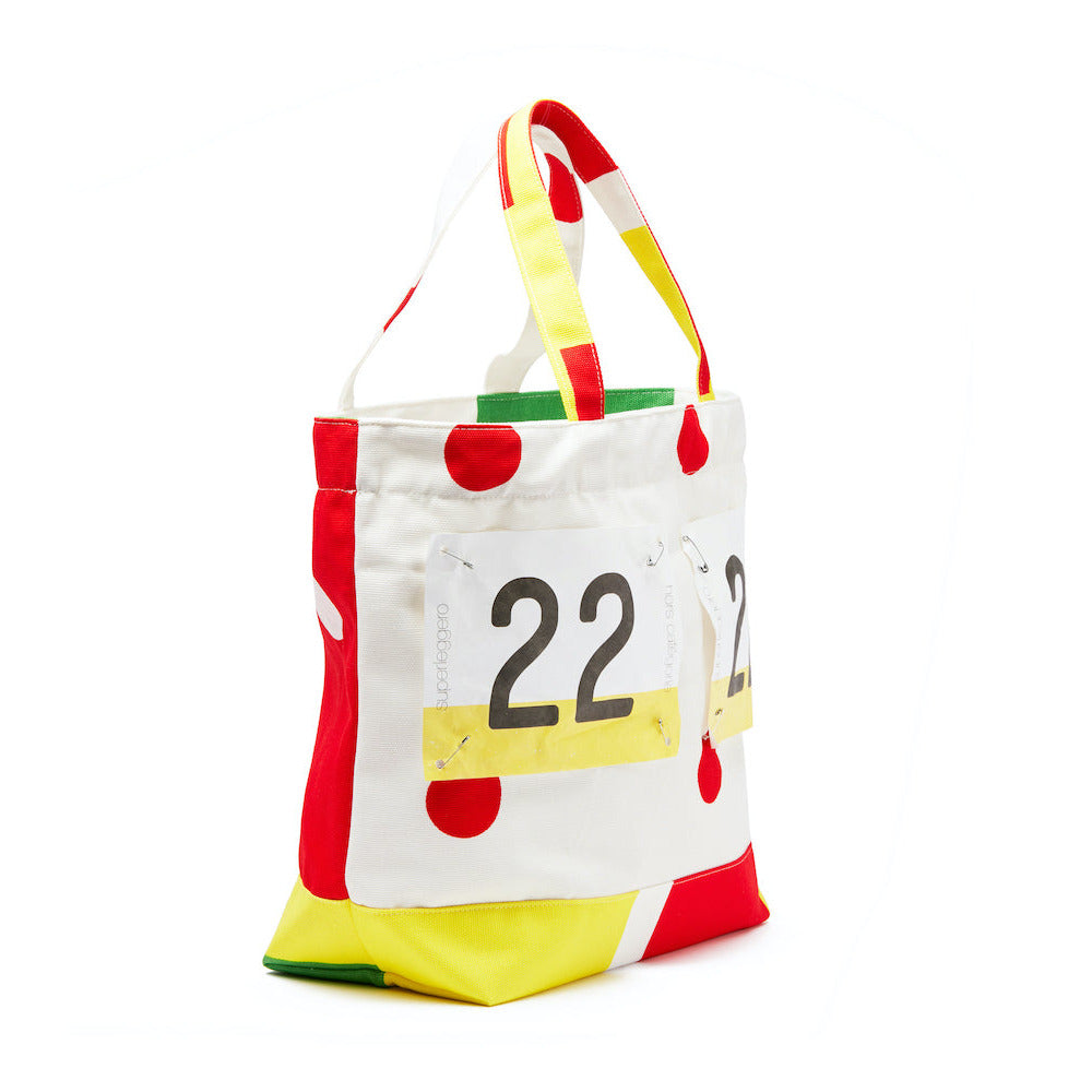 Colorful tote bag with number 22 on a white background