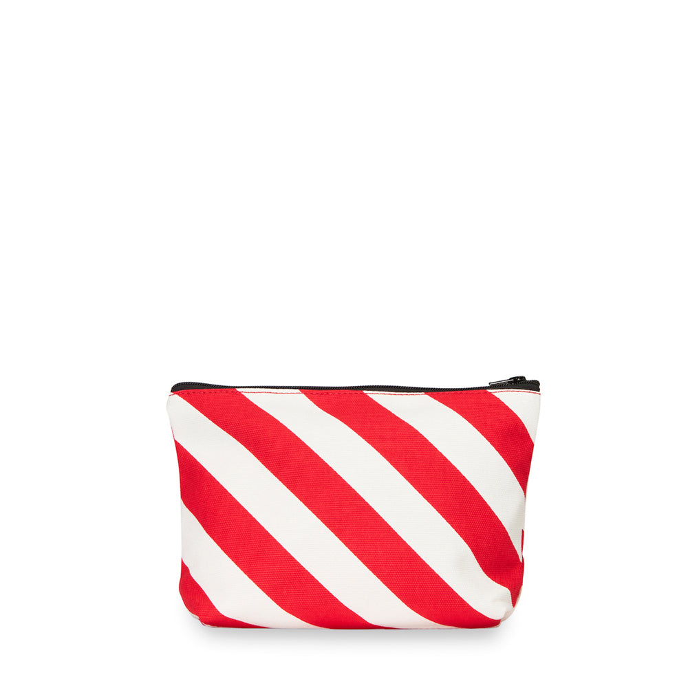 Red and white striped pouch on a white background