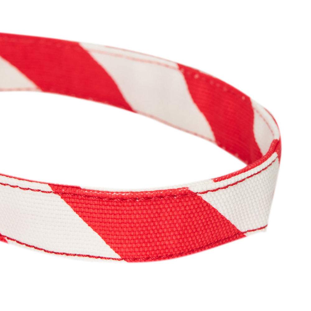 Close-up of a red and white striped ribbon on a white background