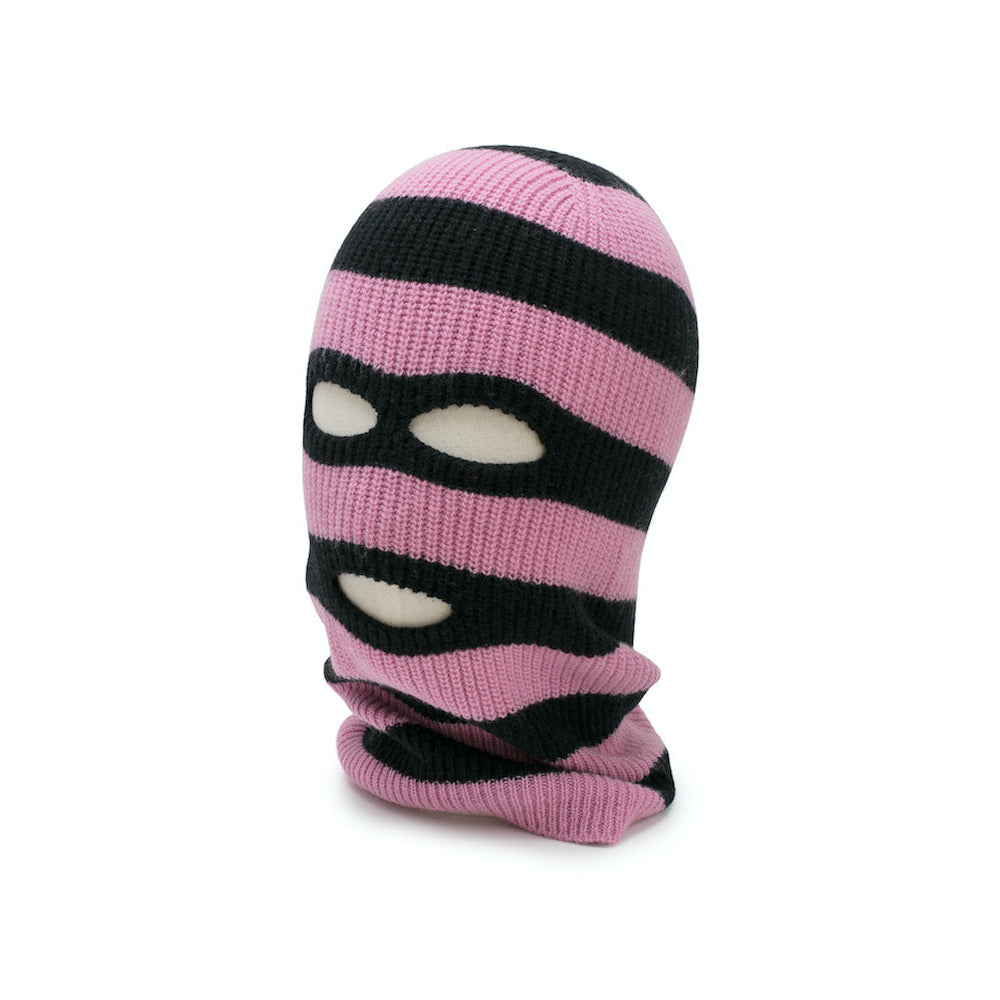 Pink and black striped ski mask on a white background