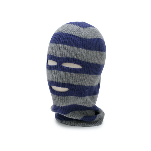 Gray and blue striped ski mask on a white background