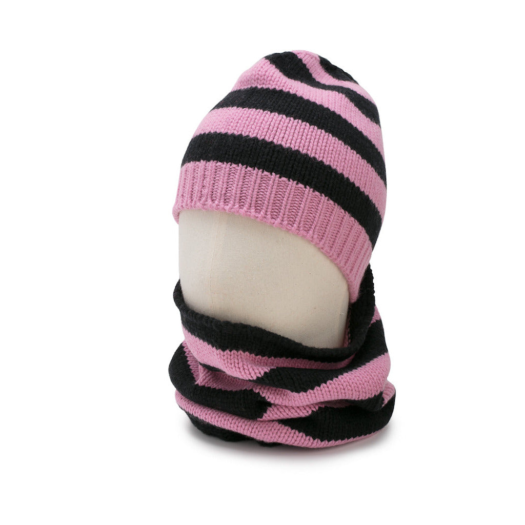Pink and black striped knit hat and balaclava set on a mannequin head against a white background