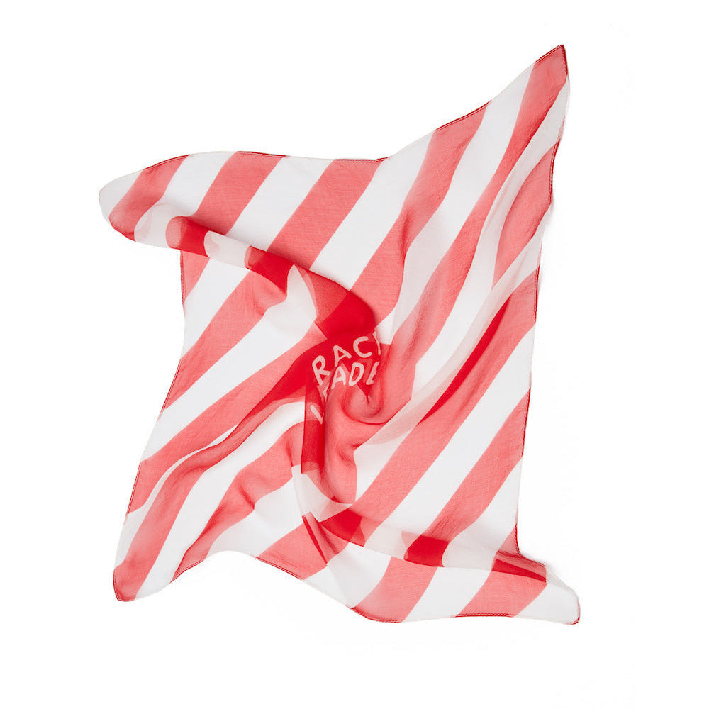 Red and white striped silk foulard with 'RACE LEADER' branding on a white background
