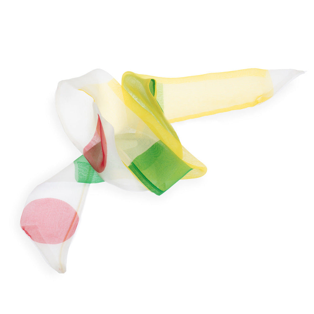 Colorful silk choker with red polkadots on a white yellow and green background