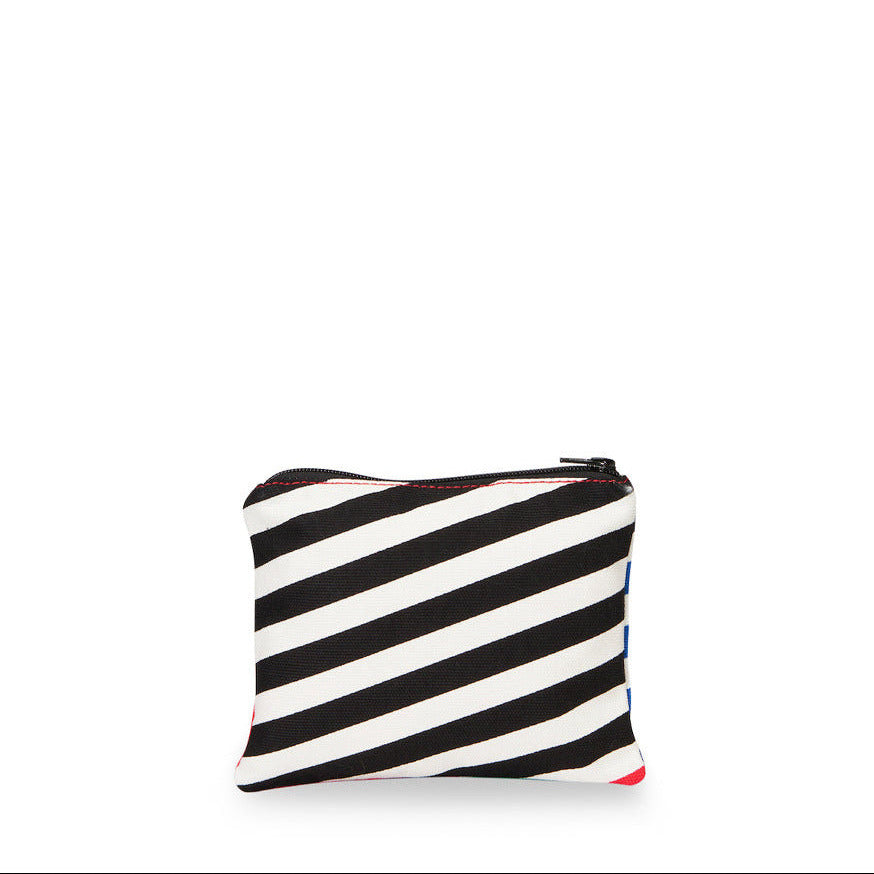 Black and white striped pouch on a white background