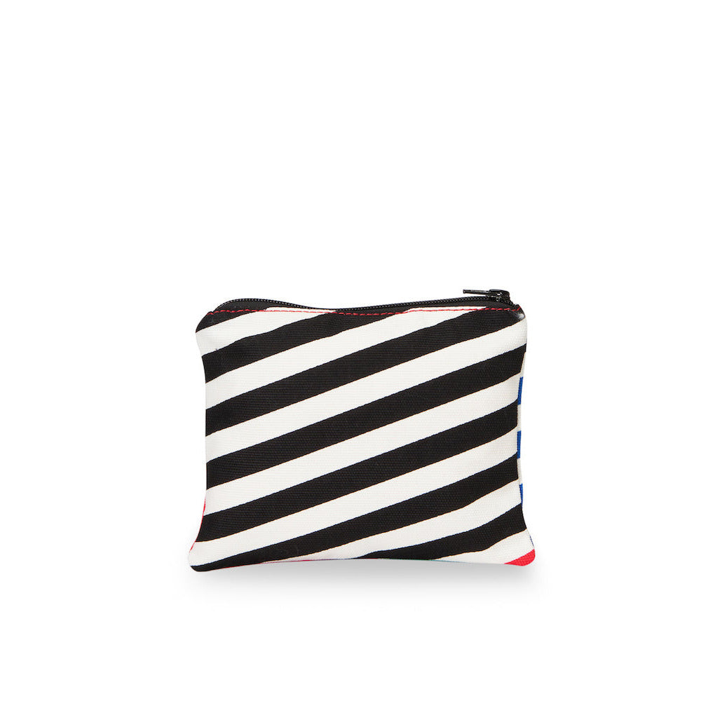 Black and white striped pouch with a red accent on a white background