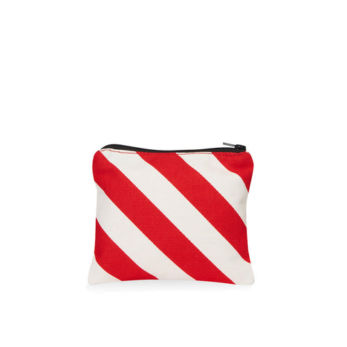 Red and white striped pouch with a zipper on a white background