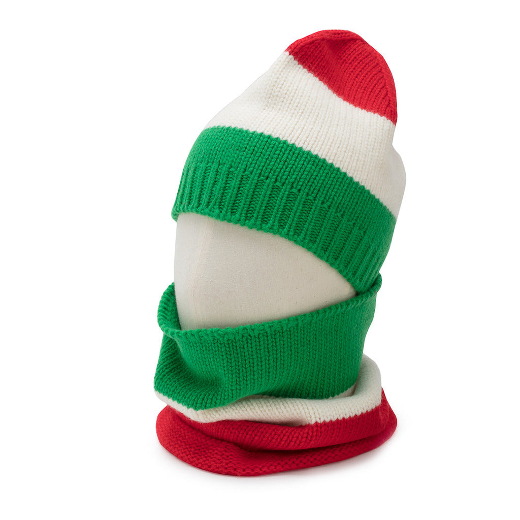 Knitted hat and scarf set in red, green, and white on a white background