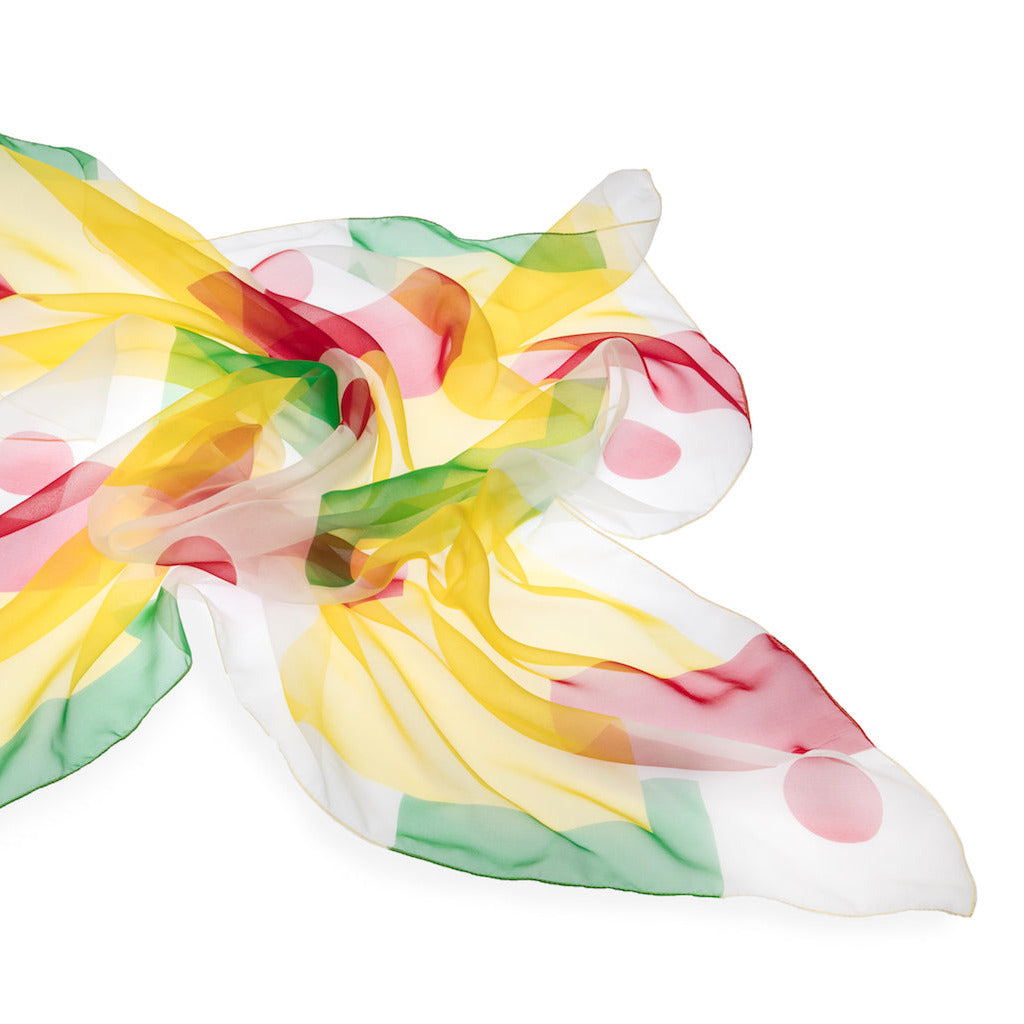 Colorful polkadot silk scarf with a white yellw and green background