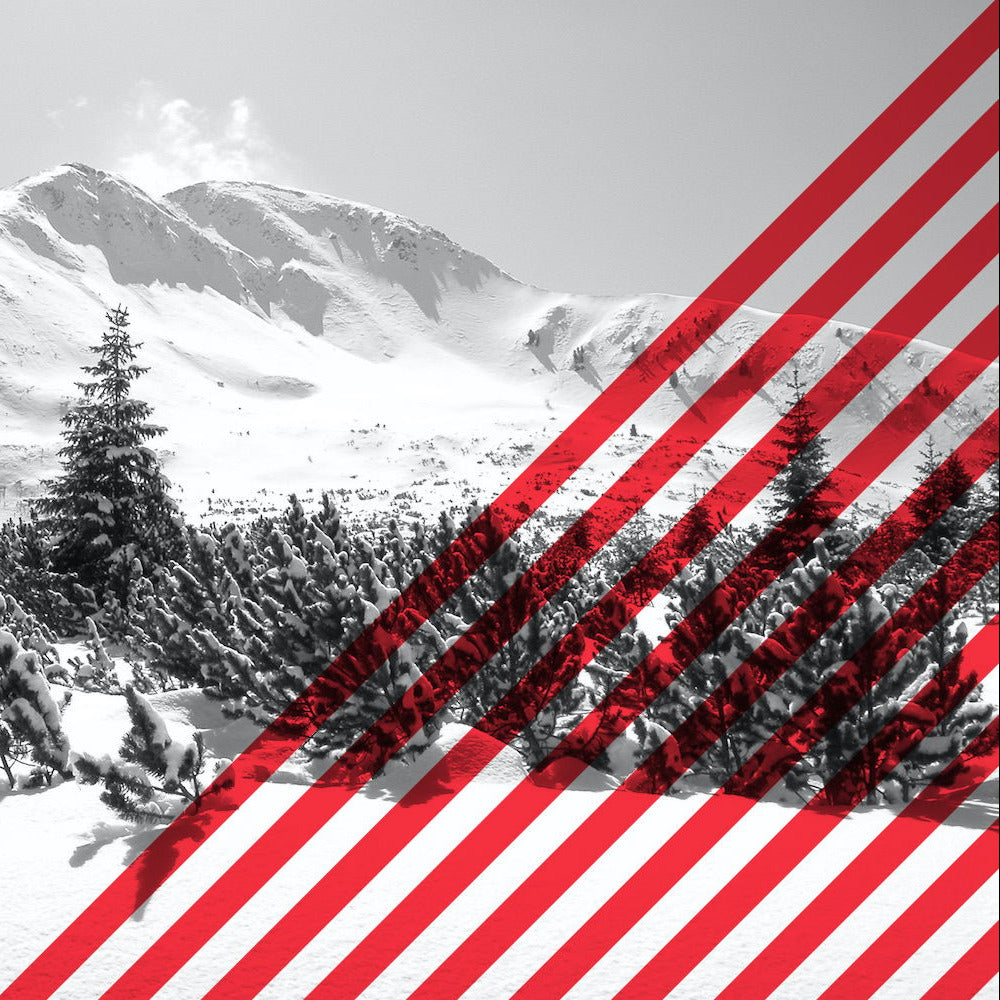 Snowy mountain landscape with red and white diagonal stripes overlay