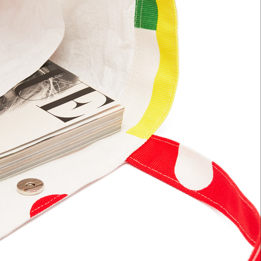 Close-up of a colorful bag with a patterned strap and a magnetic button on a white background