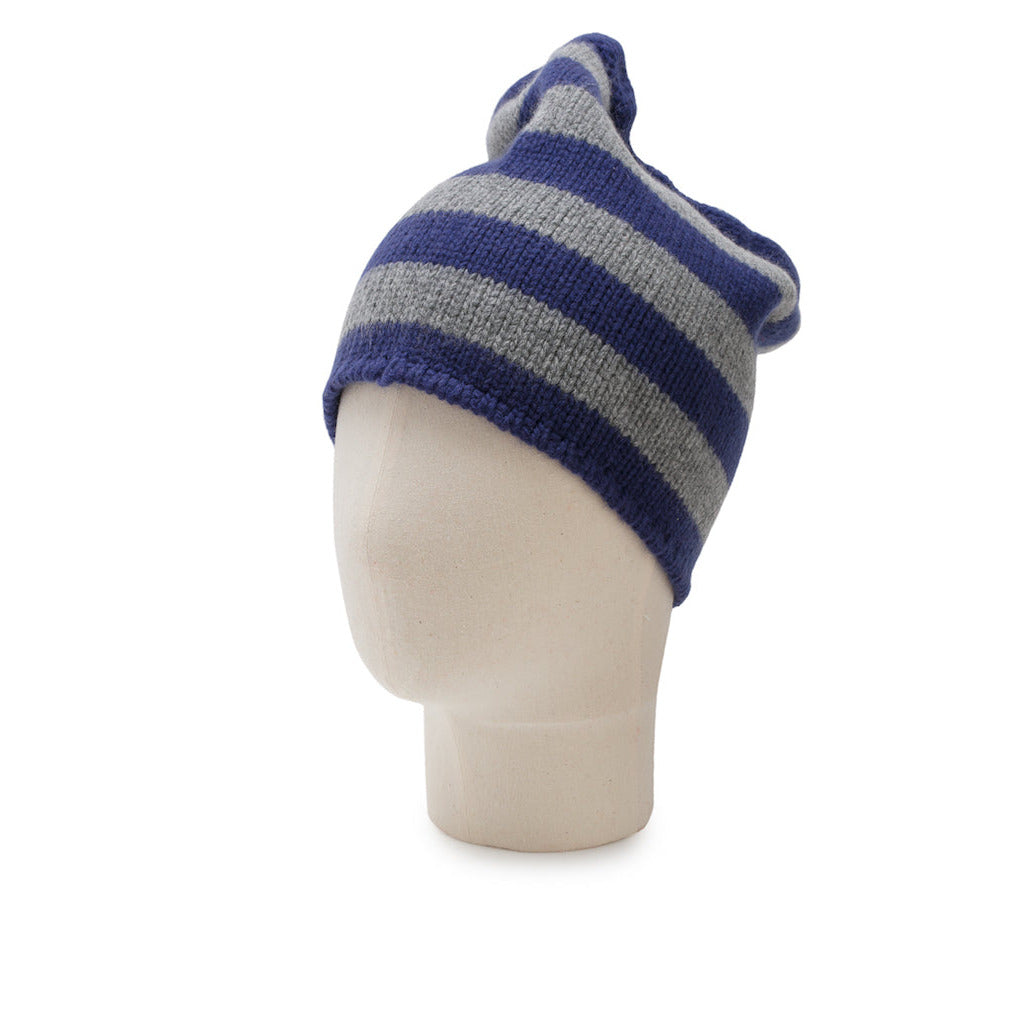 Knitted beanie with blue and gray stripes on a mannequin head against a white background
