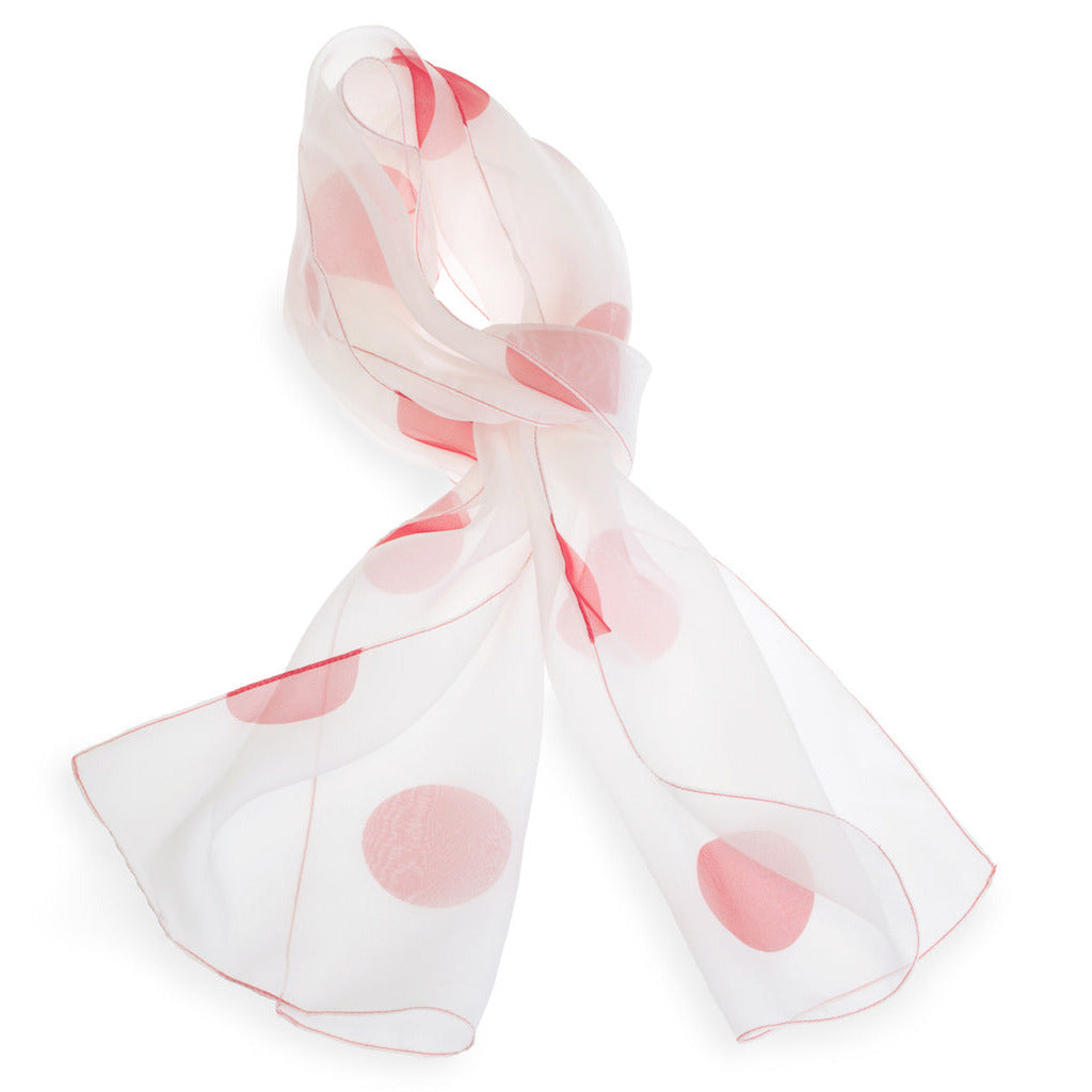 White silk scarf with red  polka dots on a white background made in italy