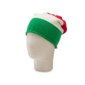 Green red and white knit beanie on a mannequin head against a white background