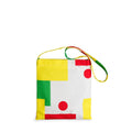 Colorful geometric patterned bag with a strap on a white background