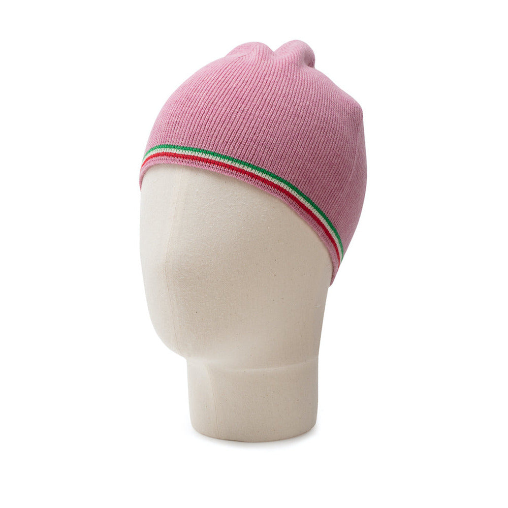 Pink beanie with a colorful band on a mannequin head against a white background