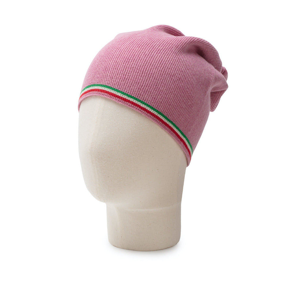 Pink beanie with a colorful band on a mannequin head against a white background