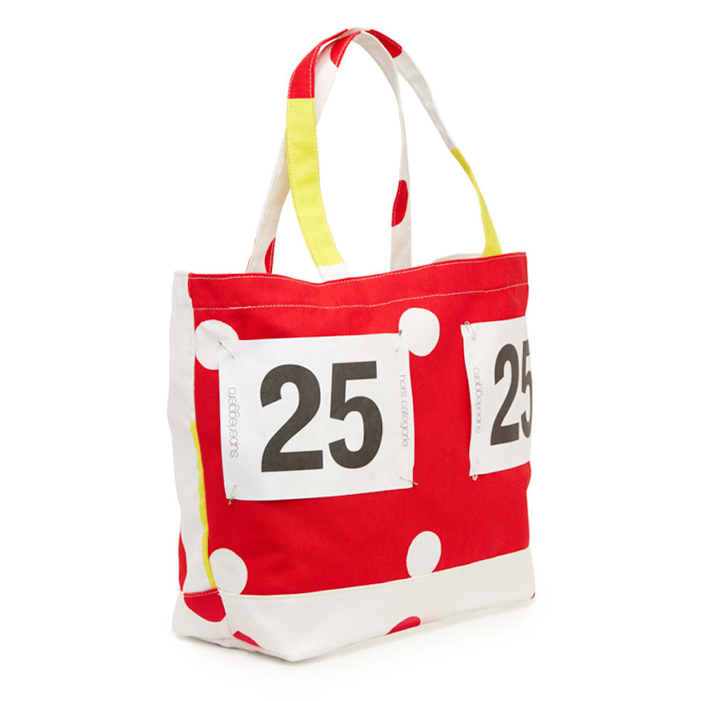 Red tote bag with number 25 on a white background
