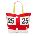 Red tote bag with white polka dots and black number '25' on a white background