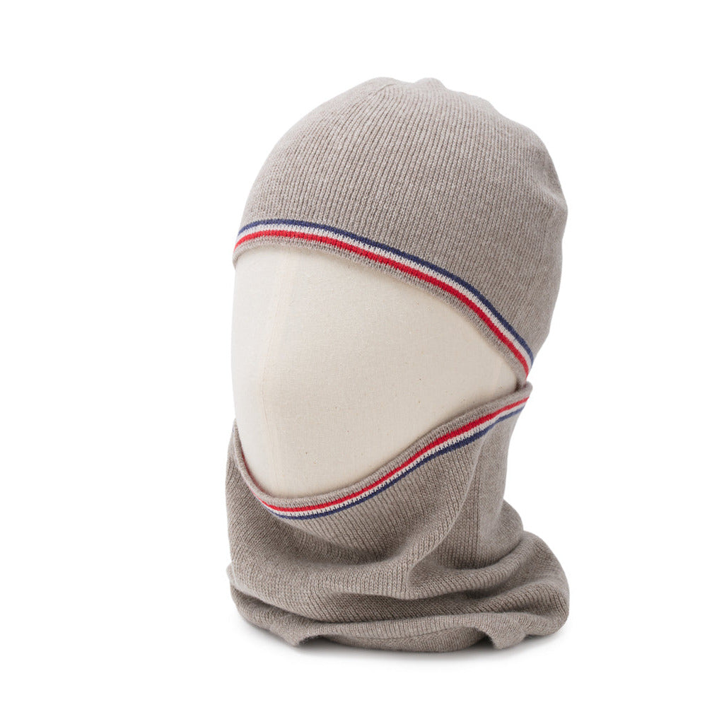 Beige beanie and balaclava with red white and blue stripes on a white background